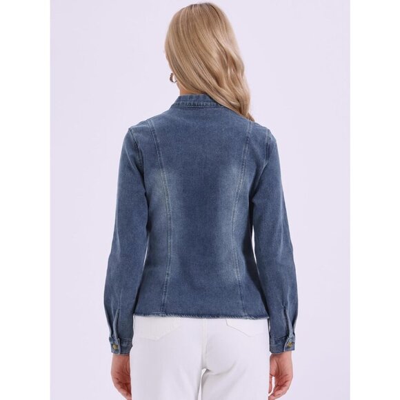 Women's Denim Jacket Classic Stand Collar Long Sleeve Jean Jacket Gray Blue - Picture 2 of 5